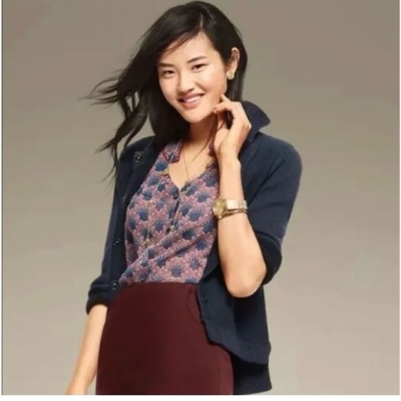 Cabi Burgundy & Blue Sleeveless Sheer Fan Blouse Women's Size Small - Picture 3 of 16